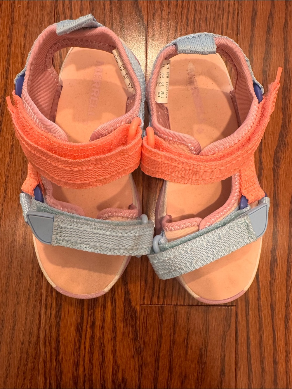 Merrell Coral and Light Blue Kids Hook-and-Loop Sandals